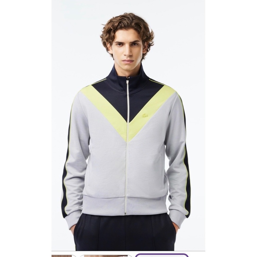Lacoste Men's 4XL Zip-Up Jacket Color Block‎ Grey/Navy/Yellow Retro Style